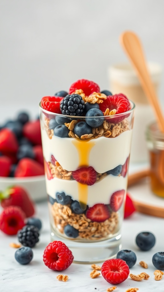 A delicious Greek yogurt parfait layered with granola and topped with fresh berries.