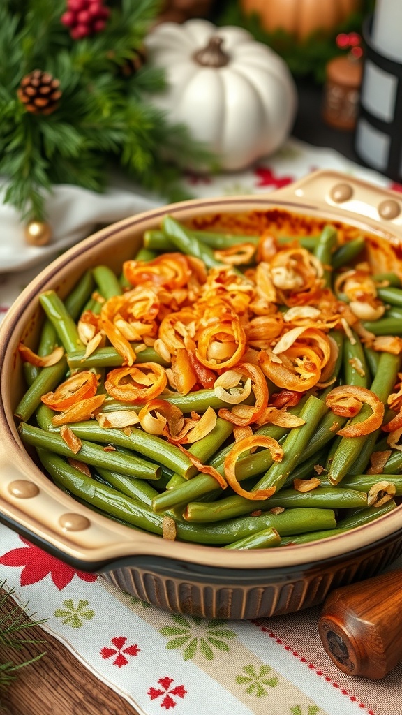 Delicious green bean casserole topped with crispy fried onions, served in a festive baking dish surrounded by holiday decorations.
