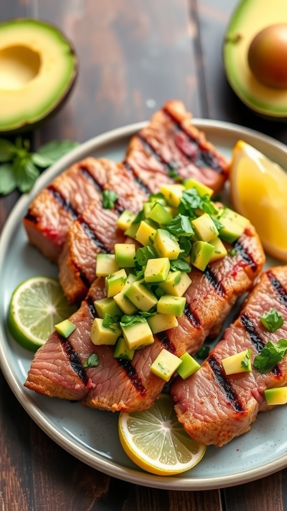 Grilled Ahi tuna steaks topped with avocado salsa, served with lemon and lime slices