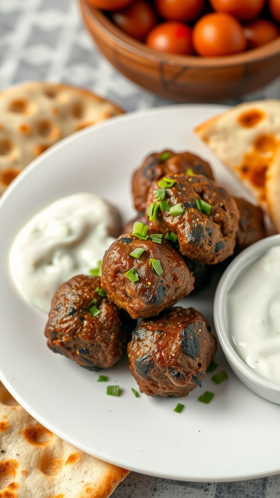 Grilled beef kofta with yogurt sauce, garnished with chives, served with flatbreads.