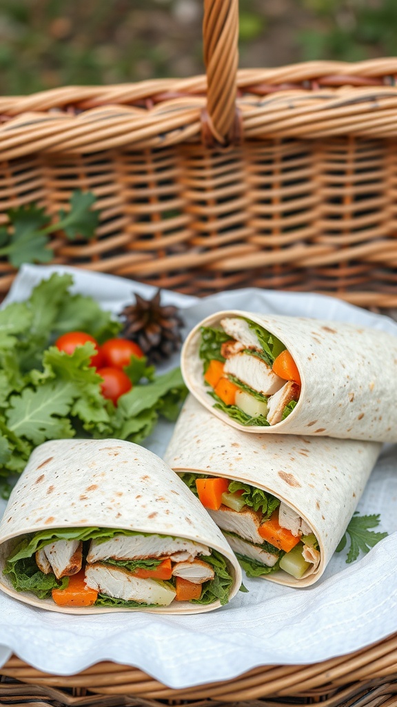 Grilled chicken Caesar wraps in a picnic basket with fresh veggies.