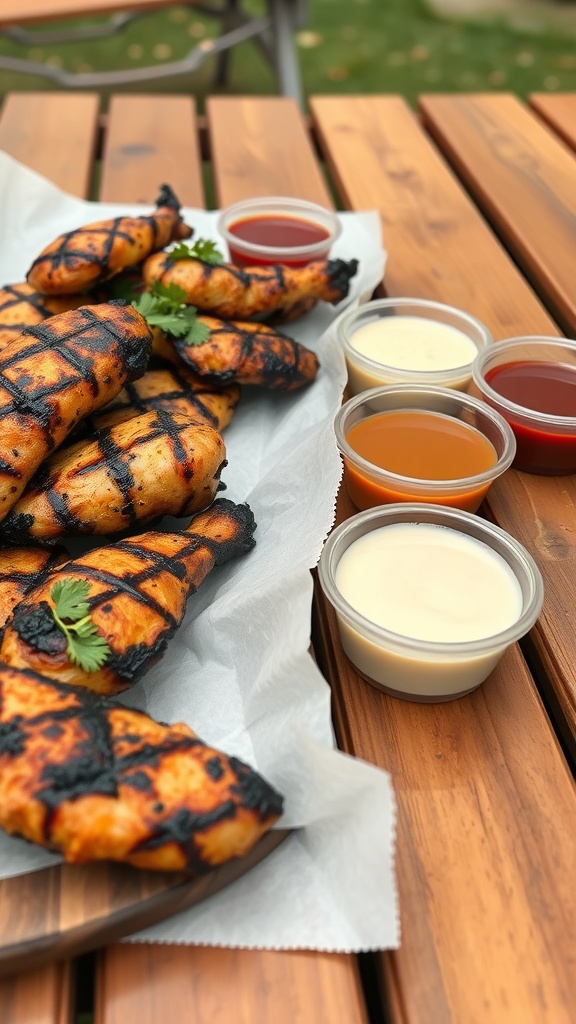 A plate of grilled chicken tenders with a variety of dipping sauces