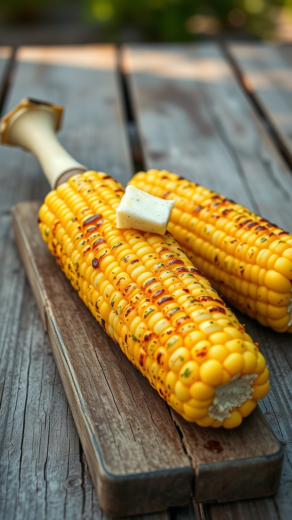 Grilled corn on the cob with butter on a wooden cutting board.