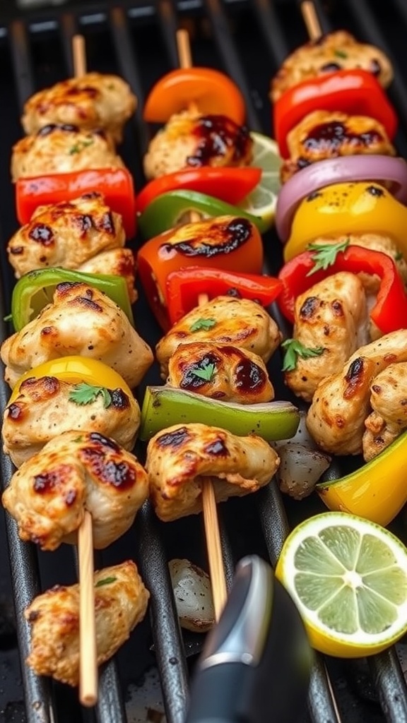 Grilled lemon herb chicken skewers on a barbecue grill, colorful bell peppers, and lemon slices