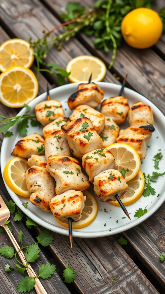 Plate of grilled lemon herb chicken skewers garnished with lemon slices and herbs