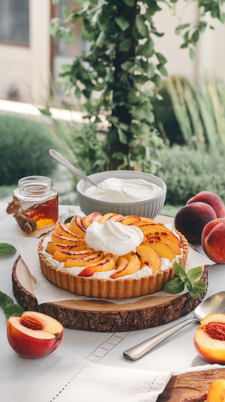 A grilled peach tart topped with whipped cream, surrounded by fresh peaches on a table.