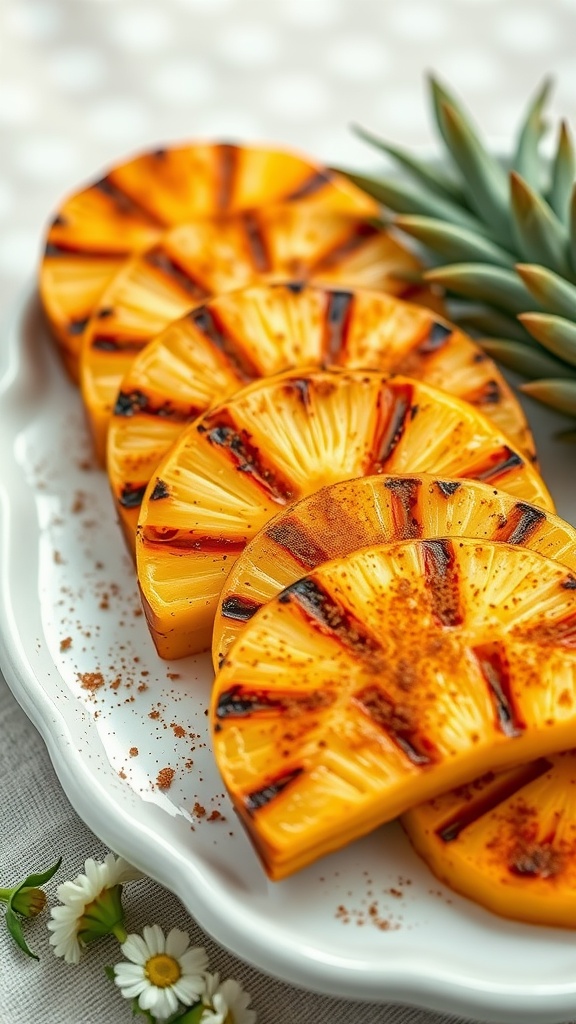Grilled pineapple slices on a white platter with a sprinkle of cinnamon.