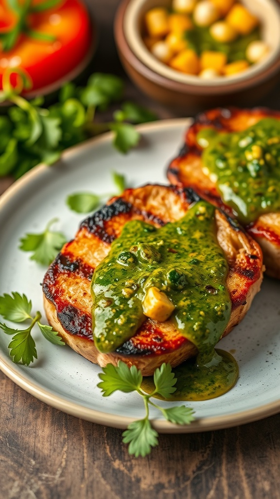 Grilled pork chops topped with chimichurri sauce, garnished with fresh herbs.