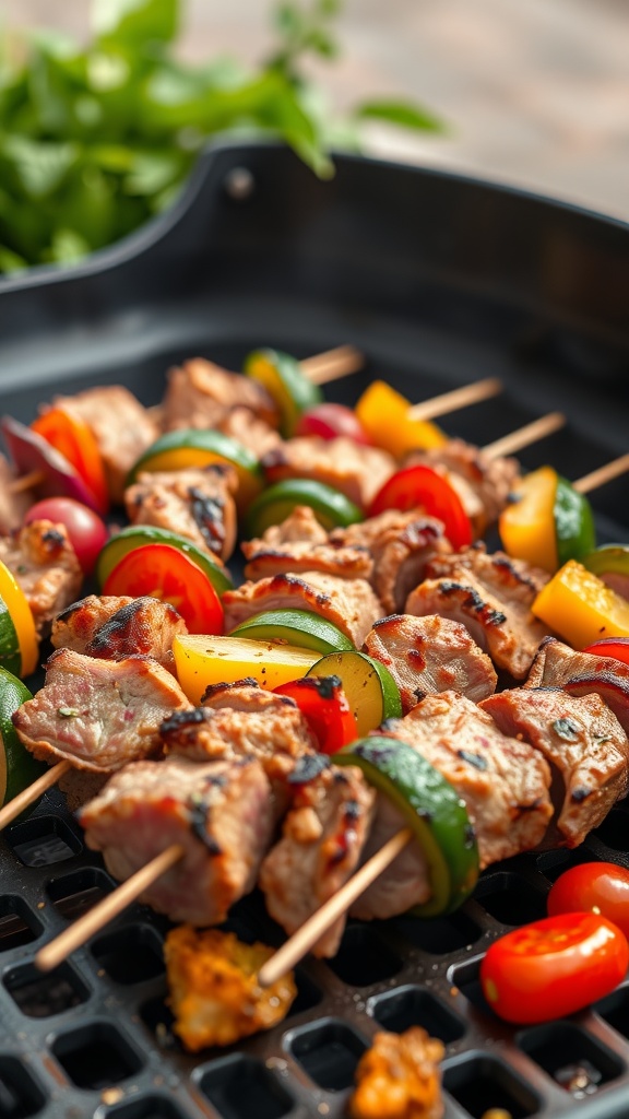 Grilled pork kebabs with colorful vegetables on skewers