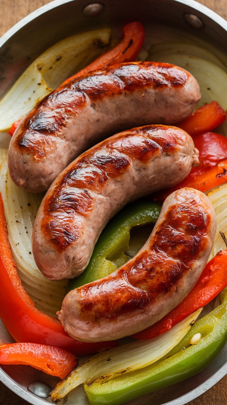 Grilled sausage and colorful peppers in a bowl