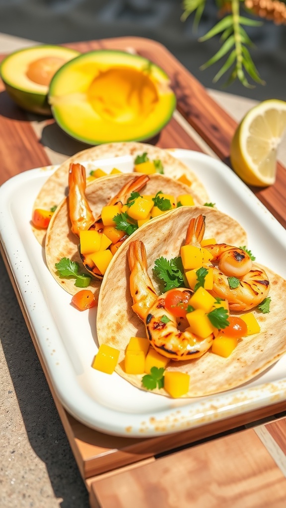 Grilled shrimp tacos with mango salsa on a plate, garnished with fresh herbs and served with avocado and lemon.