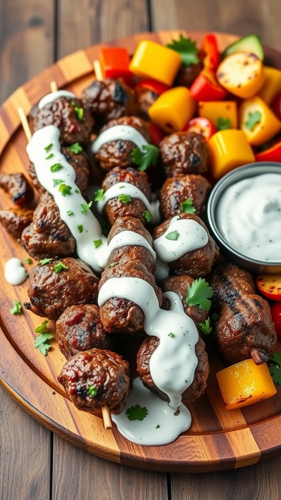 Grilled steak kofta skewers with yogurt sauce and colorful bell peppers on a wooden platter