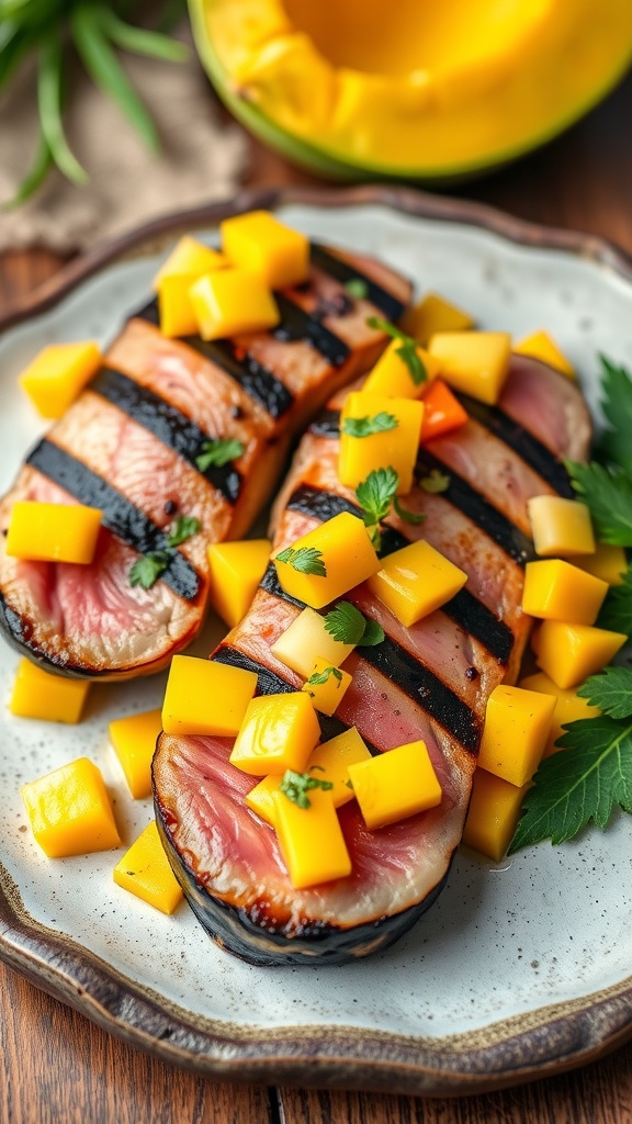 Grilled tuna steaks with mango salsa on a plate
