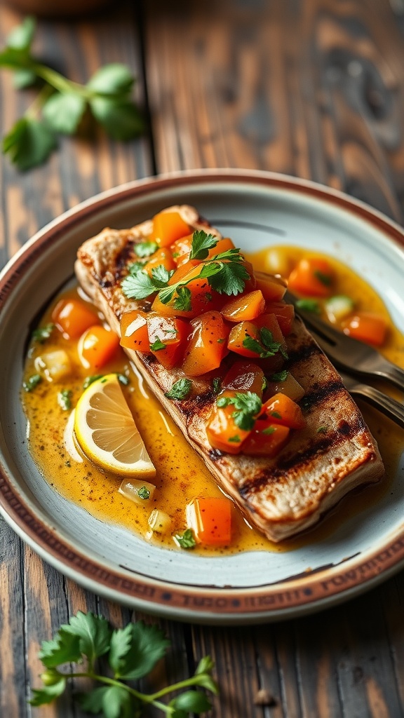 A plate of grilled tuna topped with fresh tomatoes, herbs, and chimichurri sauce, served with lemon on the side.