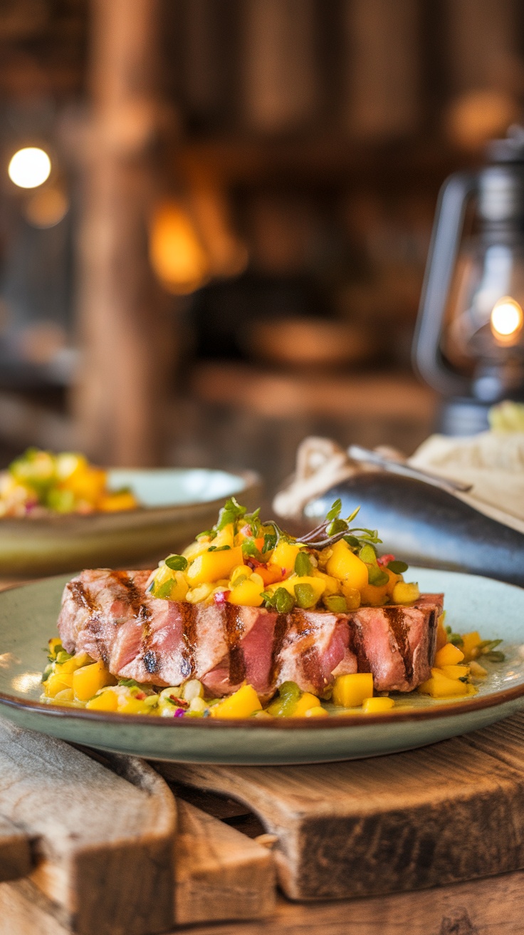 Grilled tuna steak topped with mango salsa on a white plate with fresh mango in a bowl and herbs in the background.