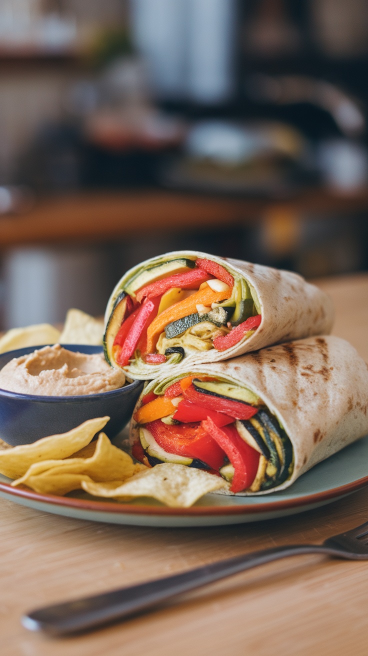 Two grilled vegetable and hummus wraps on a plate with chips on the side