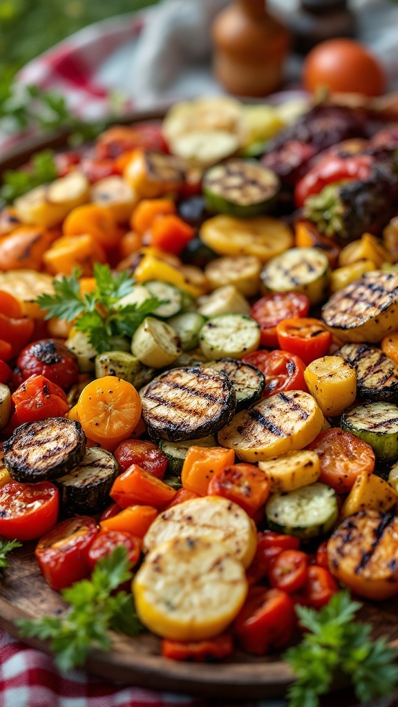 A vibrant grilled veggie platter featuring colorful vegetables such as zucchini, bell peppers, and cherry tomatoes.