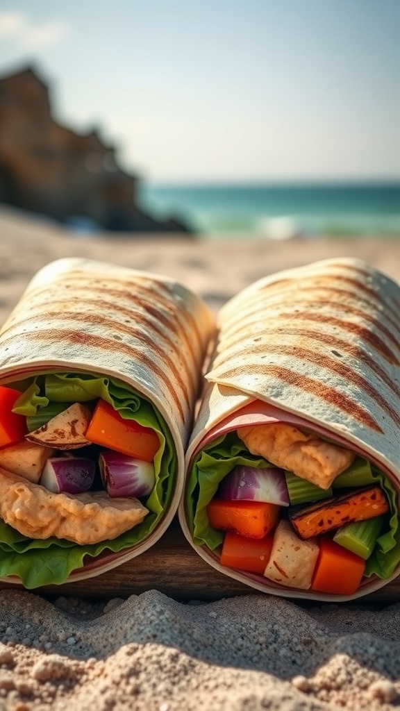 Two grilled veggie wraps with fresh vegetables lying on the beach sand