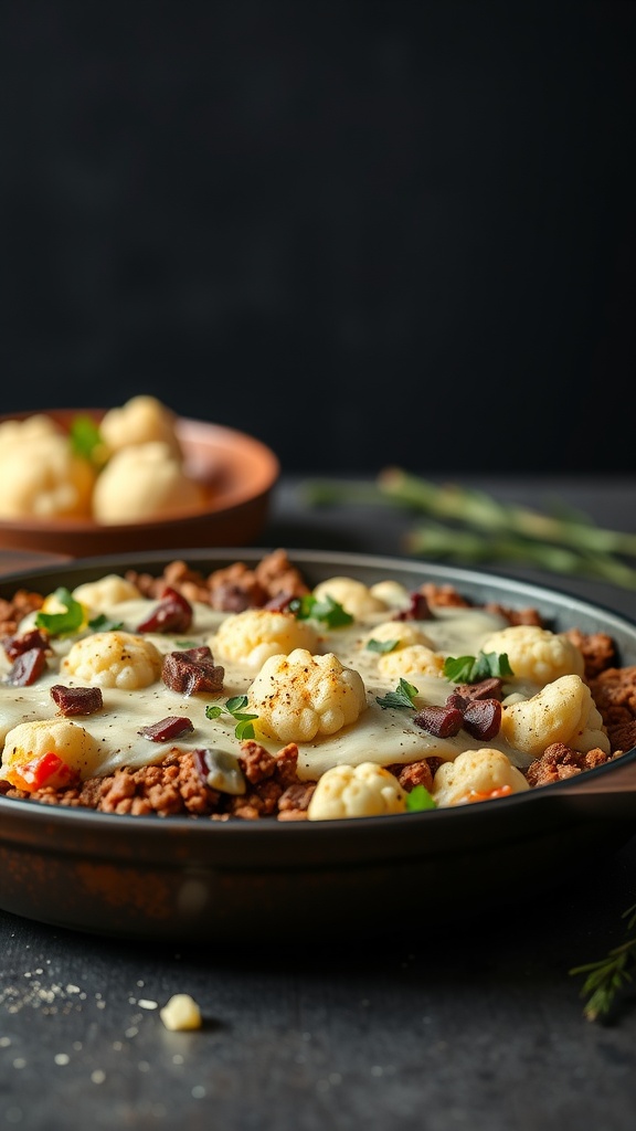 A ground beef and cauliflower casserole topped with melted cheese and parsley.