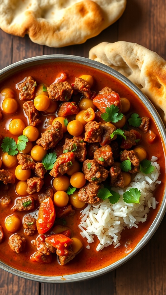 A bowl of ground beef and chickpea curry served with rice and naan bread.