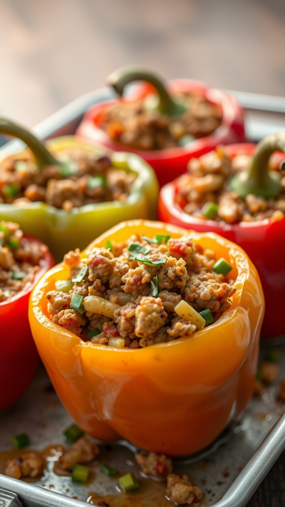 Colorful stuffed bell peppers filled with ground beef and rice