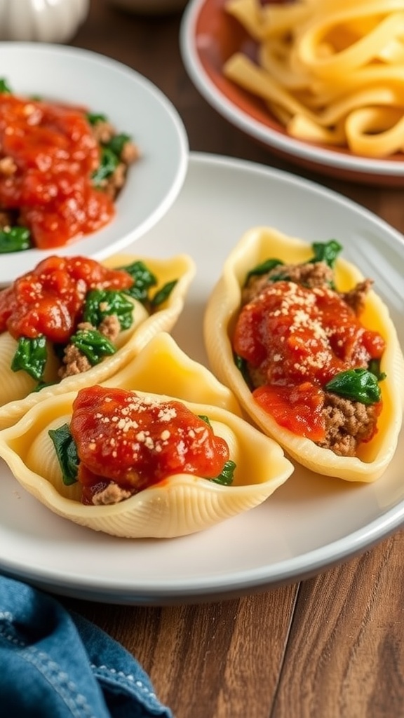 A plate of ground beef and spinach stuffed shells topped with tomato sauce.