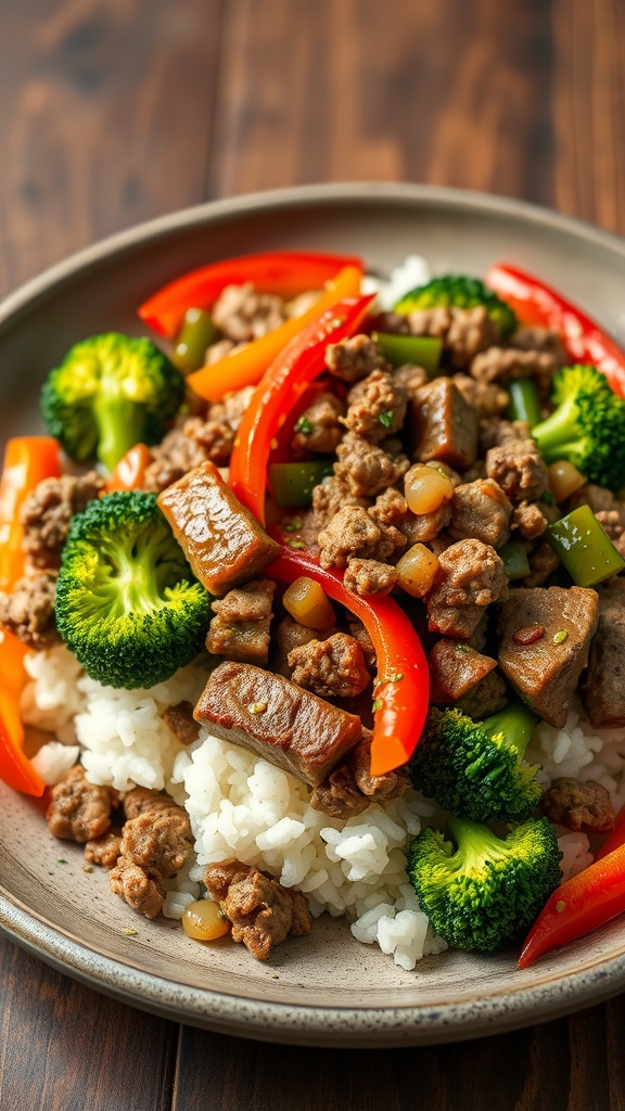 A plate of ground beef and vegetable stir-fry with colorful peppers and broccoli over rice.