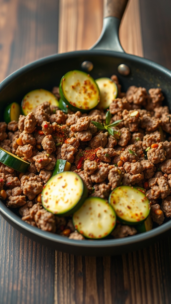 Skillet with ground beef and sliced zucchini on a wooden table.