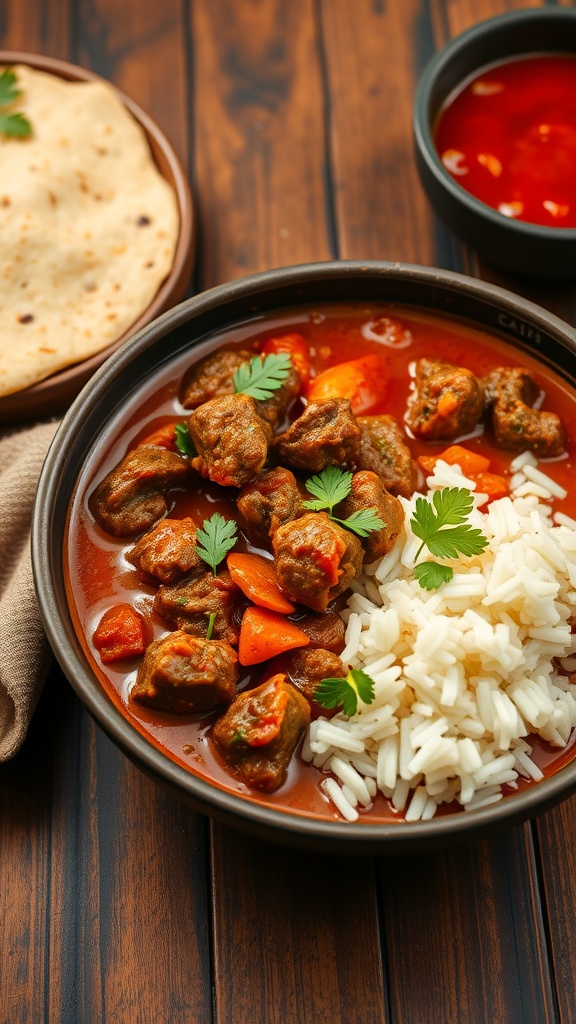 Bowl of ground beef curry with rice and flatbread.