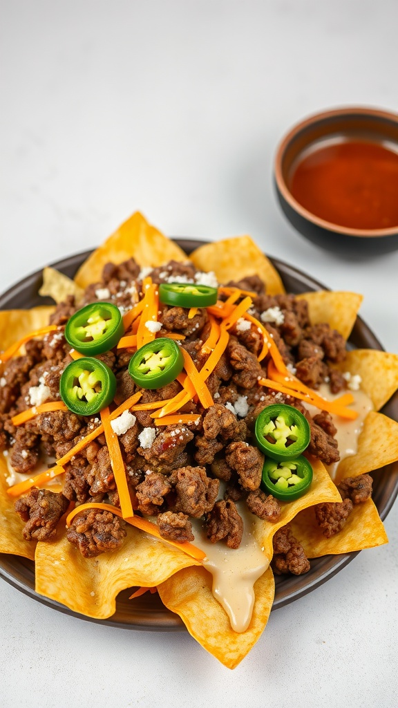 A plate of ground beef nachos topped with jalapeños, cheese, and other toppings.