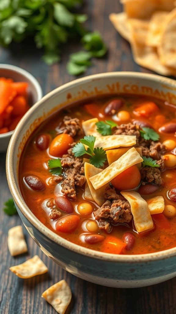A bowl of ground beef taco soup with beans, tomatoes, and tortilla strips on top.