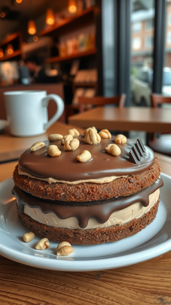 A layered hazelnut mocha cake topped with chocolate glaze and hazelnuts, served on a white plate in a cozy café setting.