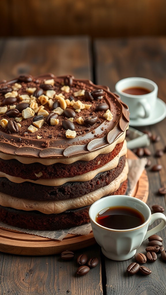 A layered hazelnut mocha cake decorated with hazelnuts and coffee beans, served with a cup of coffee.