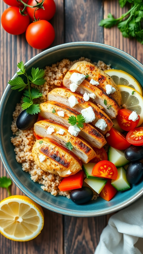 A colorful Mediterranean chicken bowl with grilled chicken, quinoa, cherry tomatoes, cucumbers, olives, and feta cheese.