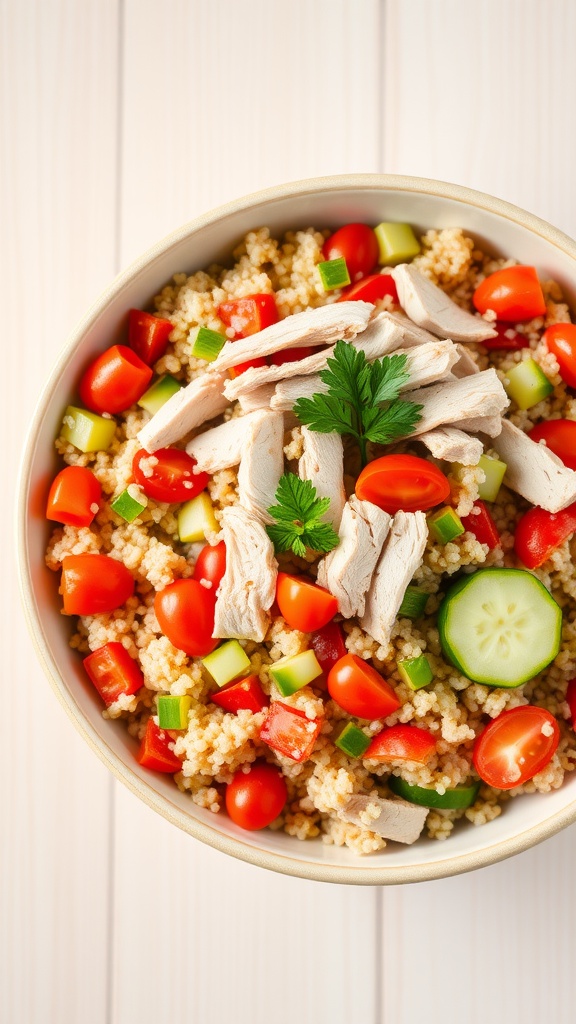 A bowl of quinoa salad with turkey, tomatoes, bell peppers, and cucumber, garnished with parsley.