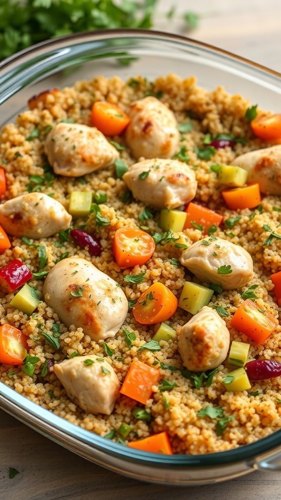 A healthy chicken quinoa casserole with colorful vegetables and tender chicken pieces.
