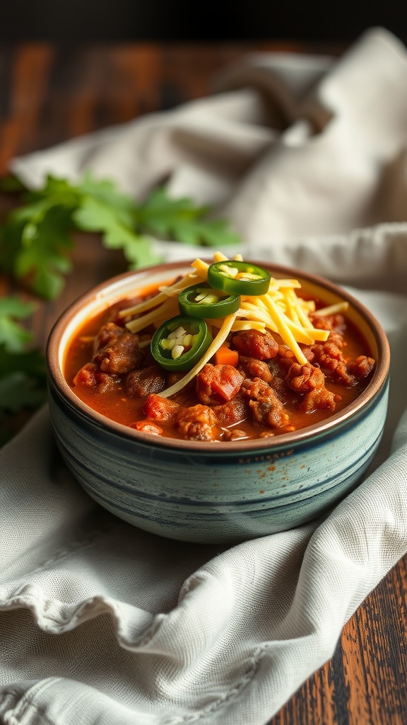A bowl of hearty beef chili topped with cheese and jalapeños on a table.