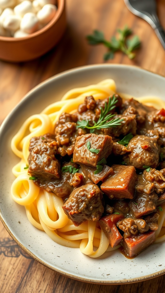 Bowl of chopped beef stroganoff with egg noodles, garnished with parsley on a wooden table