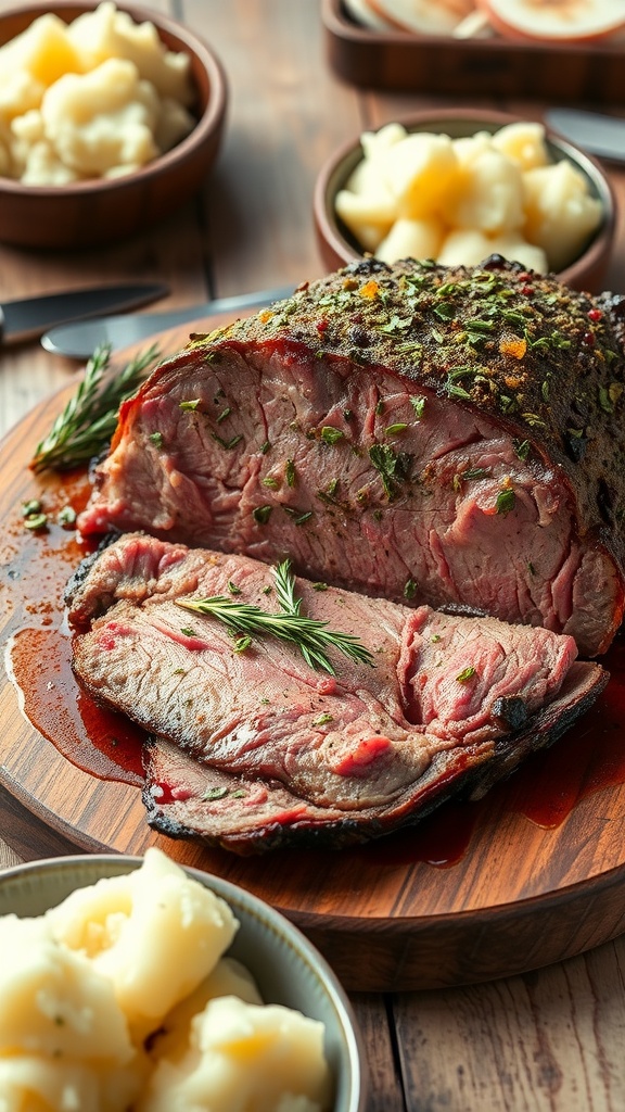 A succulent herb-crusted prime rib roast sliced on a wooden board, garnished with fresh herbs, accompanied by bowls of mashed potatoes.