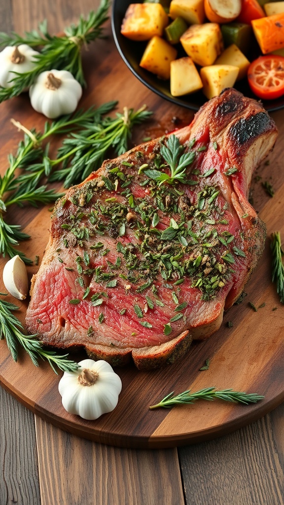A beautifully cooked herb-crusted prime rib roast steak with garlic and herbs on a wooden board, accompanied by roasted vegetables in a bowl.