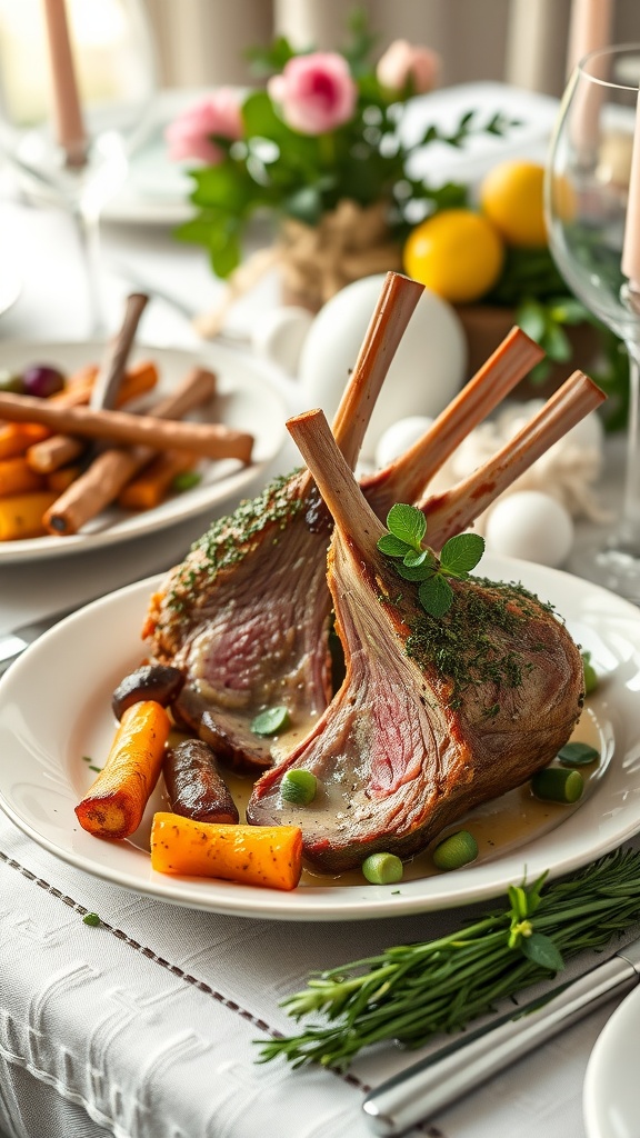 A beautifully presented herb-crusted rack of lamb with vegetables on a dining table.