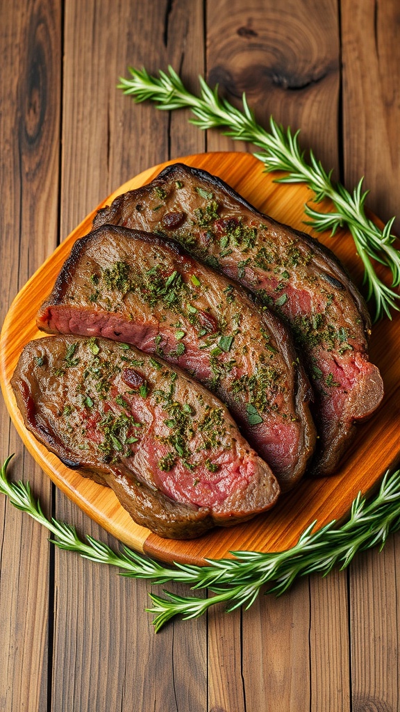 Three herb-crusted sirloin steaks on a wooden platter with fresh herbs around them.