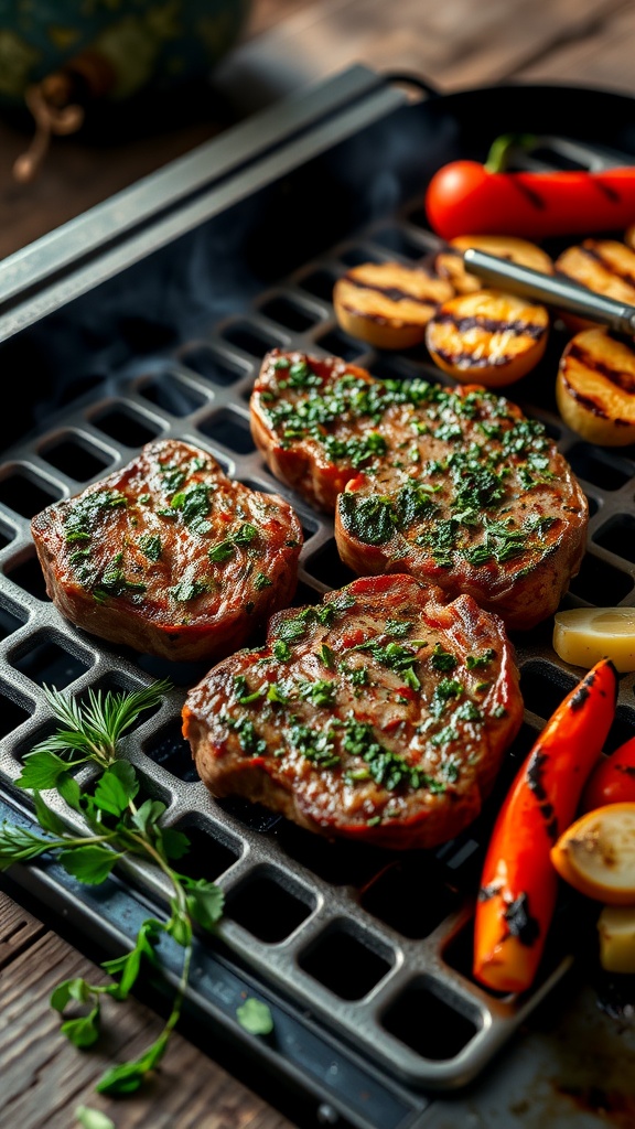 Herb-crusted sirloin steaks on the grill with colorful grilled vegetables