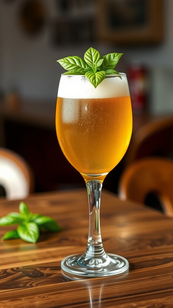 A glass of Herbal Saison beer topped with fresh basil leaves on a wooden table.