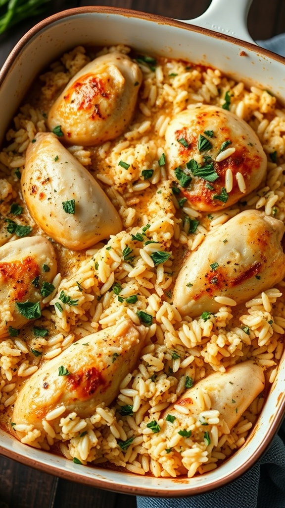 A warm herbed chicken and rice casserole with tender chicken pieces and fluffy rice.