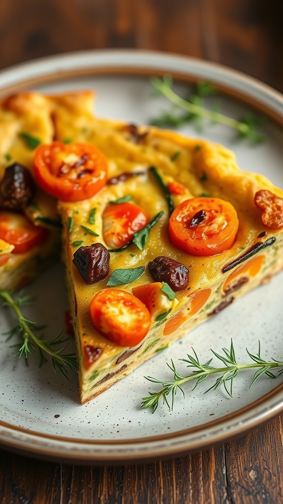 A slice of herbed frittata with seasonal vegetables on a plate.