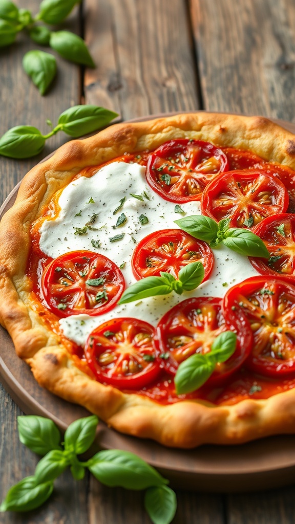A fresh herbed goat cheese and tomato tart with basil on a wooden surface.