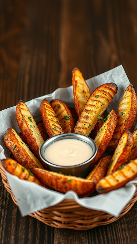 A basket of golden-brown herbed potato wedges served with a dipping sauce.