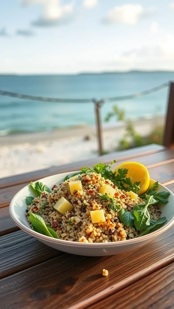 A bowl of herbed quinoa salad with lemon vinaigrette served on a wooden table near the beach, with a scenic ocean view in the background.
