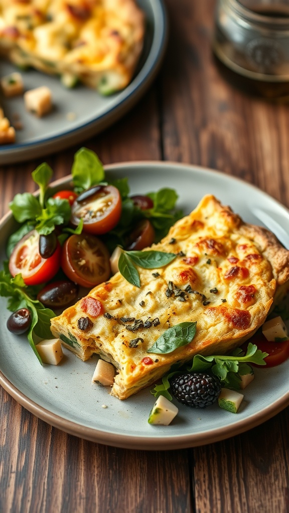A slice of herbed tuna frittata served with a fresh salad, showcasing a colorful meal.